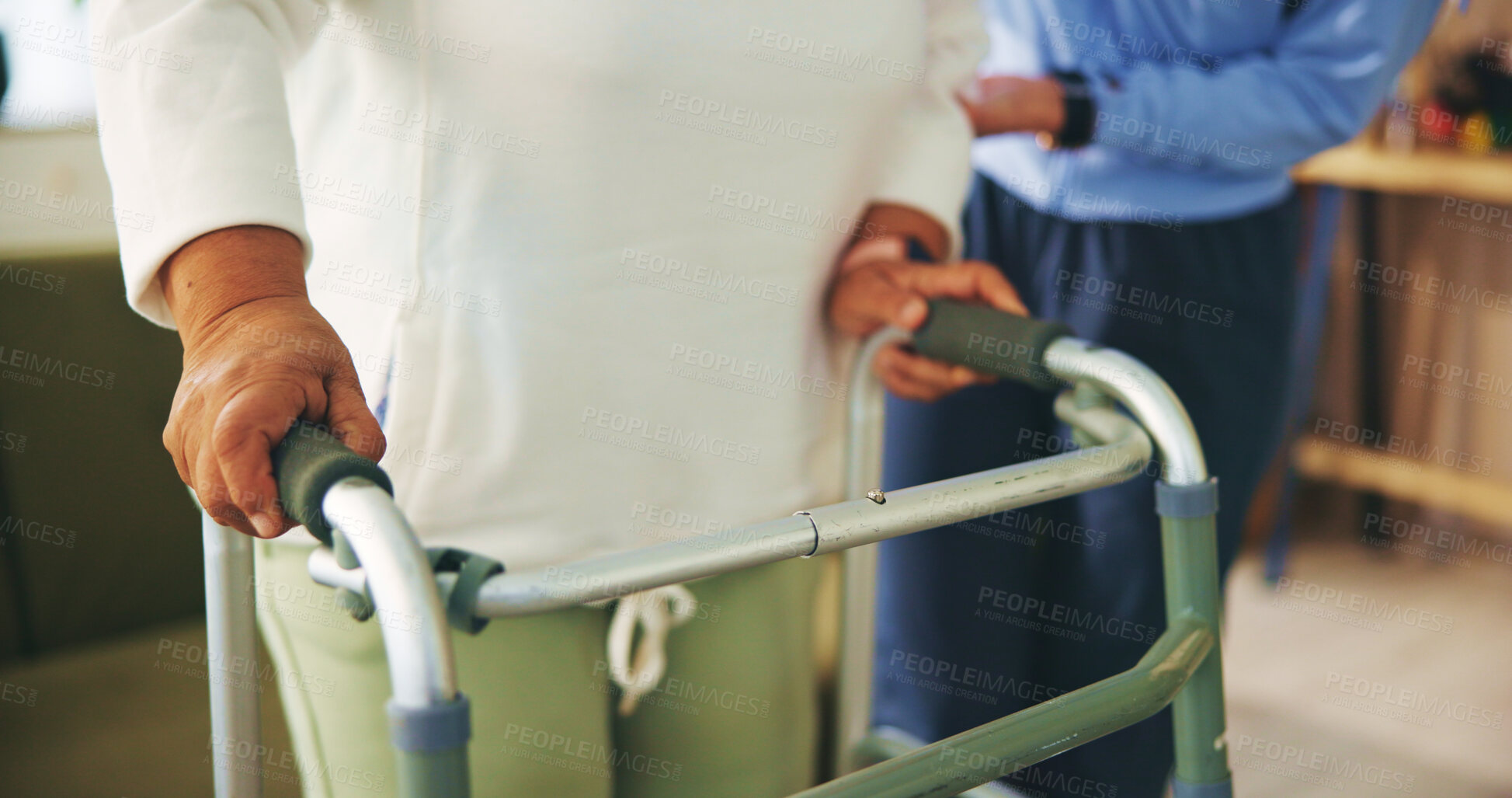 Buy stock photo Senior woman, walker and hands with nurse at retirement home for care, support and mobility. Elderly, female person with disability and lounge for arthritis, injury and balance in clinic as pensioner