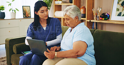 Buy stock photo Laptop, elderly woman or caregiver in retirement home with healthcare results and medical diagnosis. Reading, pensioner or senior female person with technology, patient info or nurse for wellness