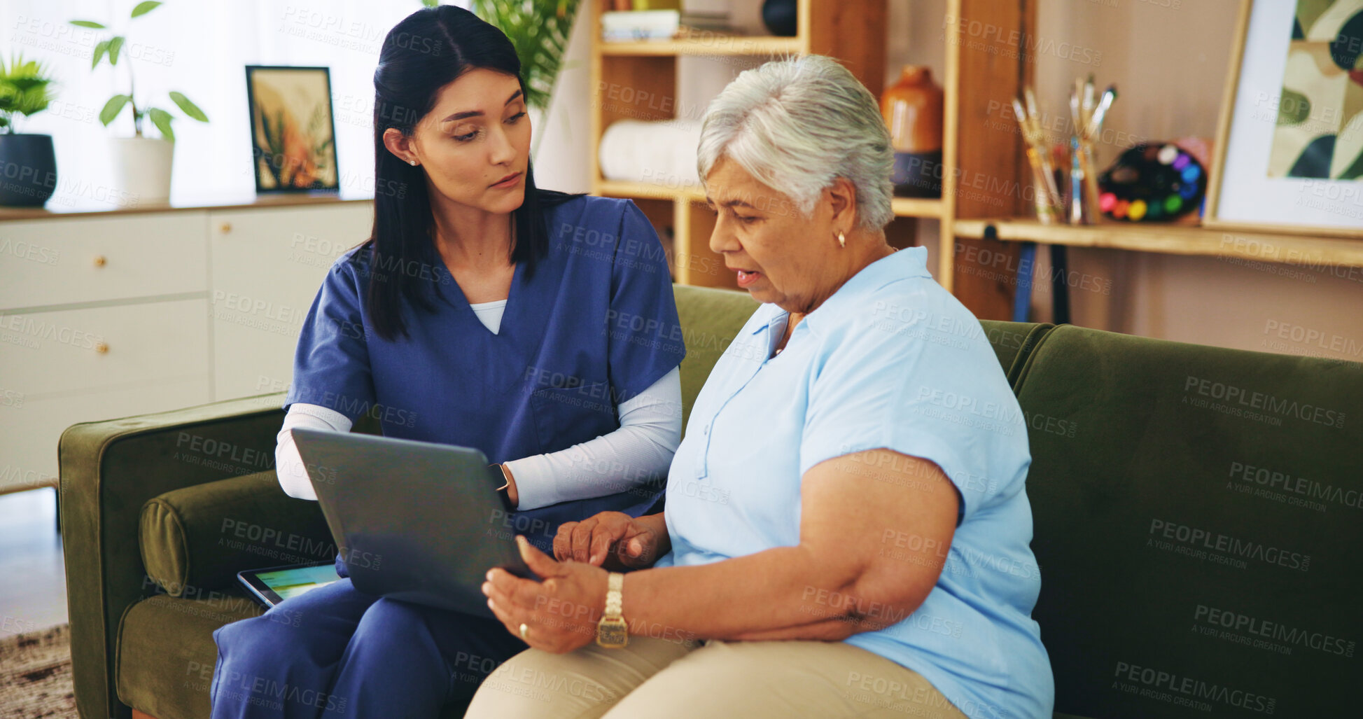 Buy stock photo Laptop, elderly woman or caregiver in retirement home with healthcare results and medical diagnosis. Reading, pensioner or senior female person with technology, patient info or nurse for wellness