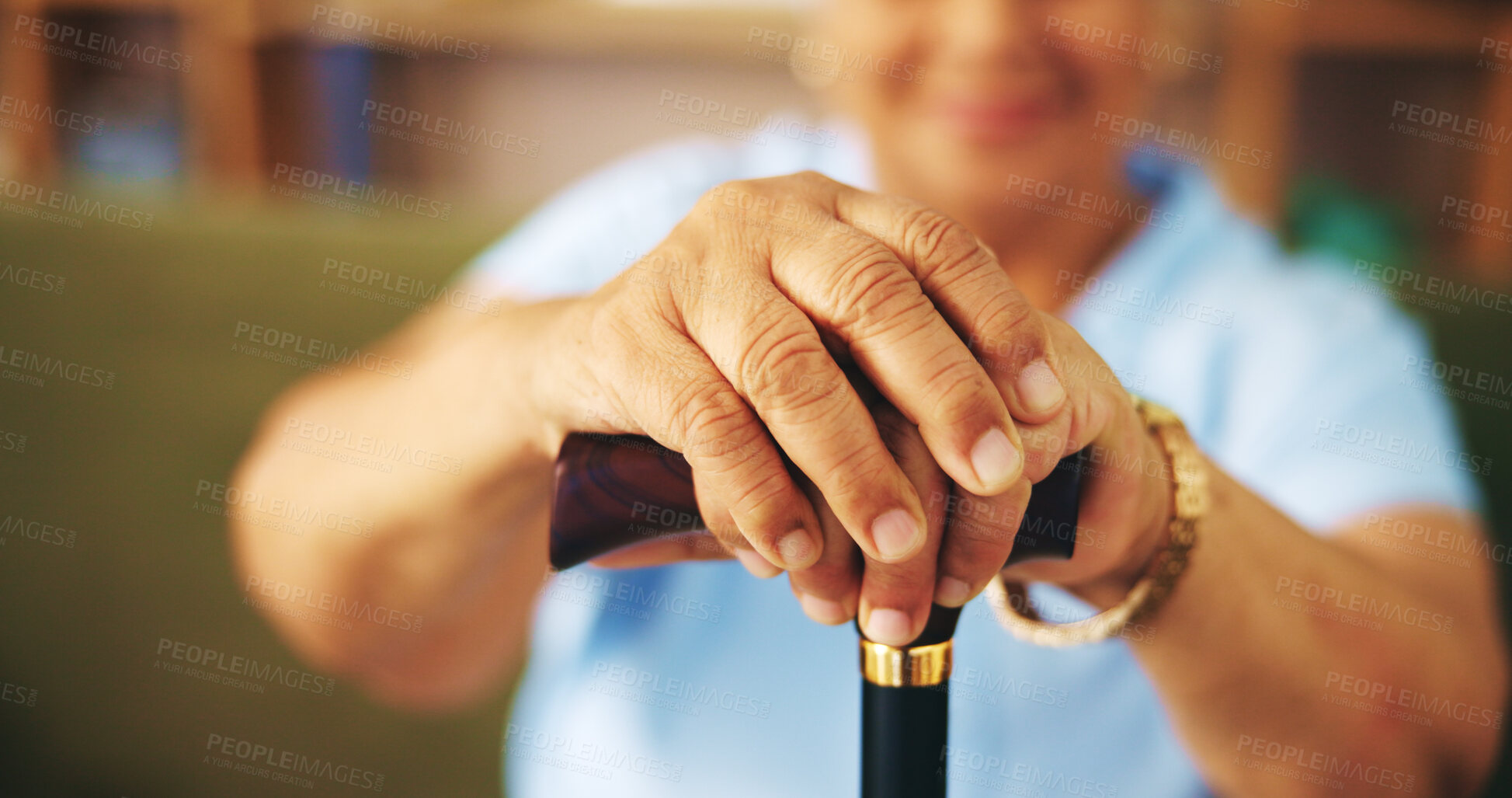 Buy stock photo Elderly woman, cane and hands at retirement home for care, support and mobility as pensioner. Senior, female person with a disability and walking stick for arthritis, rehabilitation or injury in zoom