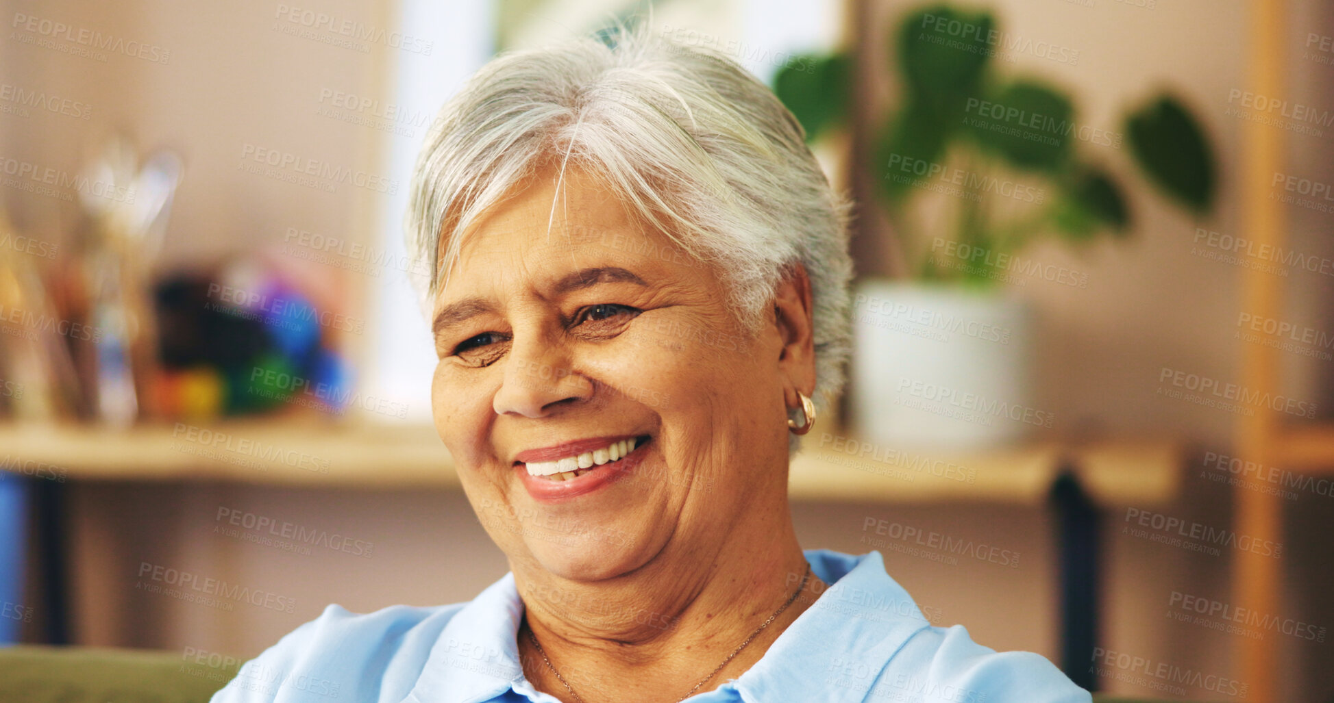 Buy stock photo Senior, thinking or happy woman in home for memory, reflection or nostalgia on couch in living room. Remember past, daydreaming or elderly female person with peace, hope and smile in retirement house