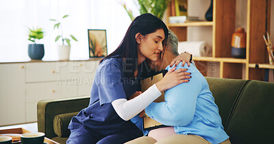 Buy stock photo Picture, hug and old woman on sofa with nurse for senior care, support and grief counseling at home. Homecare, elderly widow and caregiver embrace on couch with memory, bonding and comfort in loss