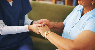 Buy stock photo Senior woman, nurse and holding hands for empathy in home with grief, support and compassion for loss. Sympathy, old person and caregiver with comfort on sofa for wellbeing or help with mental health