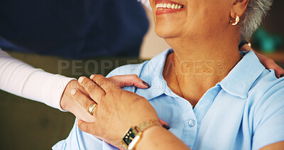 Buy stock photo Senior woman, nurse and holding hands with gratitude on sofa for healthcare support, medical assistance and trust. Happy elderly person, caregiver and smile in home for kindness, helping and advice