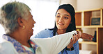 Happy woman, nurse and stretching with elderly patient for physiotherapy, physical activity or support at old age home. Female person, caregiver or helper with senior client for warm up or exercise