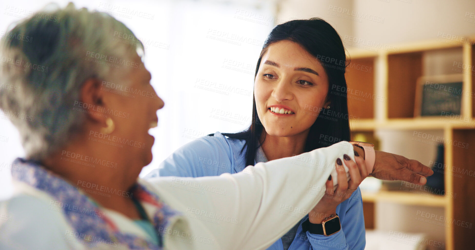 Buy stock photo Happy woman, nurse and stretching with elderly patient for physiotherapy, physical activity or support at old age home. Female person, caregiver or helper with senior client for warm up or exercise