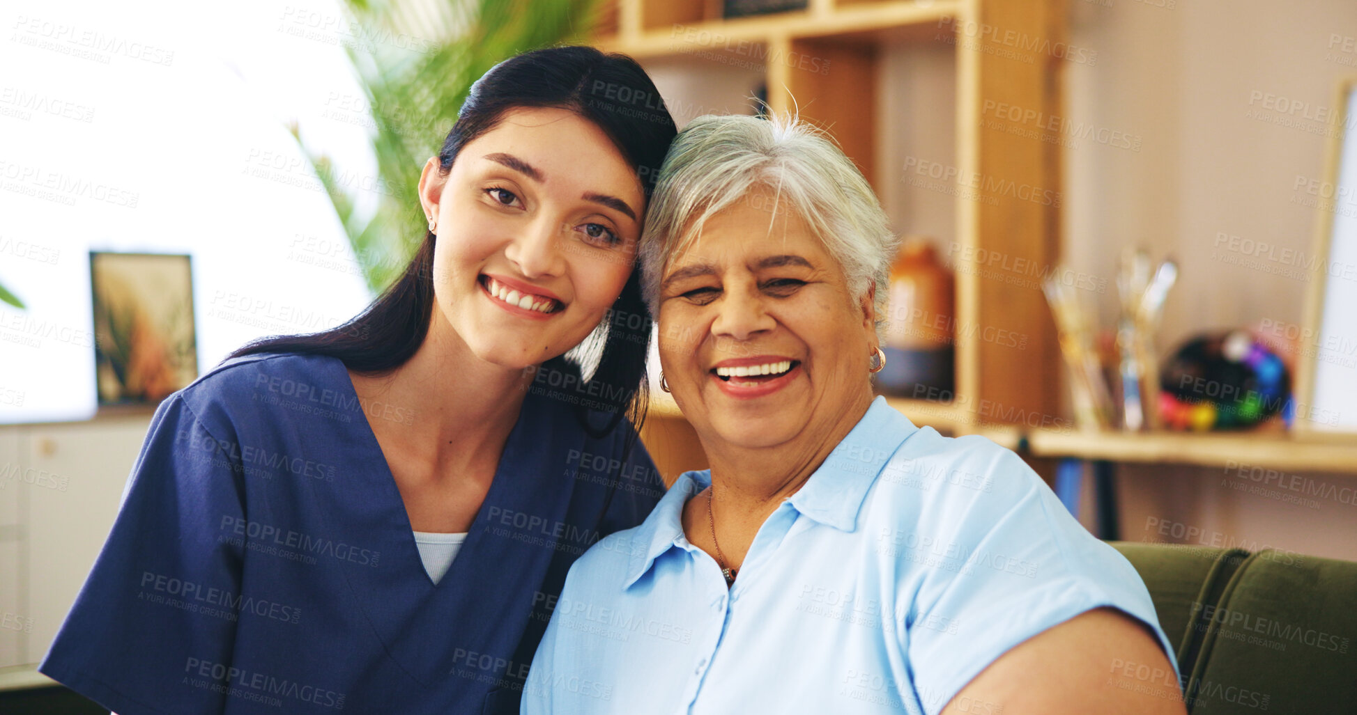 Buy stock photo Nurse, senior woman and portrait with happiness in lounge for medicine, trust and assisted living. Elderly person, caregiver and smile in retirement or nursing home for health, wellness and pensioner