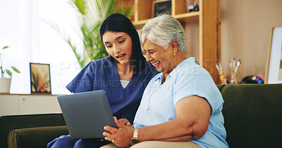 Buy stock photo Laptop, happy senior woman or caregiver in retirement home with healthcare results or medical diagnosis. Good news, pensioner or elderly person with technology, patient info or nurse for wellness