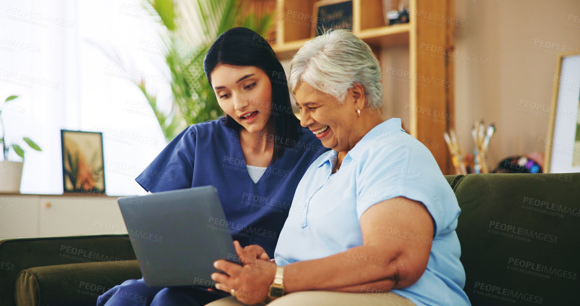 Buy stock photo Laptop, happy senior woman or caregiver in retirement home with healthcare results or medical diagnosis. Good news, pensioner or elderly person with technology, patient info or nurse for wellness