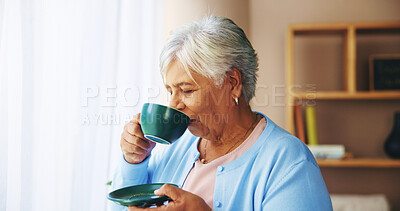 Buy stock photo Morning, senior woman and drinking coffee in home for health, energy and relax by window. Peace, calm and elderly person with tea cup in retirement house to enjoy beverage or espresso in living room