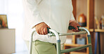 Elderly woman, walker and hands in portrait at nursing home for care, support and mobility. Senior, female person with disability and lounge with arthritis, injury and balance in closeup as pensioner