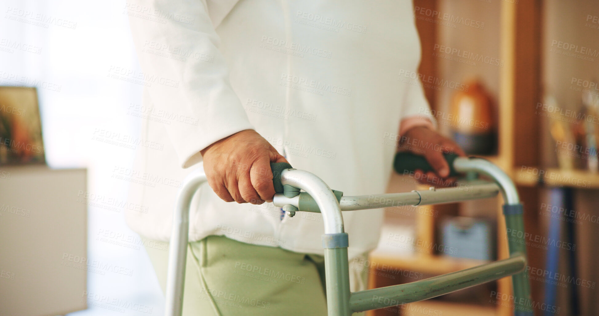 Buy stock photo Elderly woman, walker and hands in portrait at nursing home for care, support and mobility. Senior, female person with disability and lounge with arthritis, injury and balance in closeup as pensioner