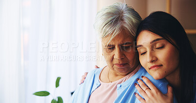 Buy stock photo Hug, empathy and caregiver with senior woman in home for support, compassion and comforting. Retirement, healthcare and nurse with elderly person embrace for assisted living, medical service and care
