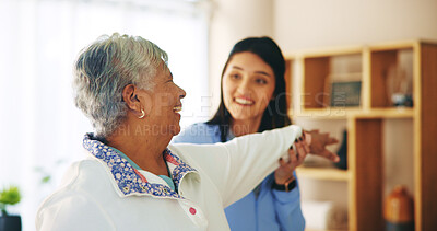 Buy stock photo Senior woman, stretching and helping with physiotherapist for wellness, rehabilitation and muscle. People, training and support for balance or recovery in physiotherapy, exercise and health in clinic