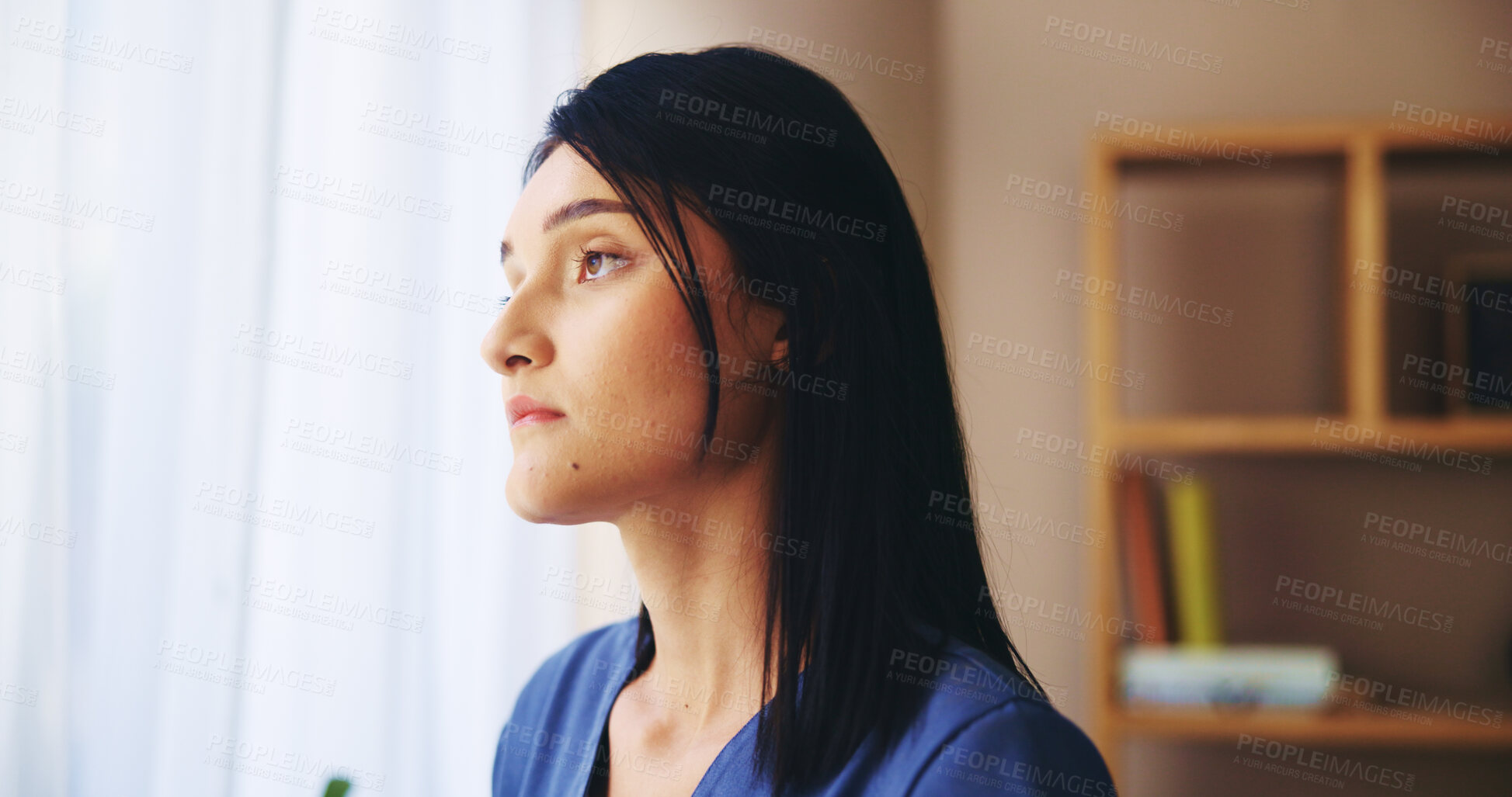 Buy stock photo Nurse, woman and sad with thinking by window for grief, overworked or overwhelmed by patient loss. Healthcare, caregiver and thoughtful in retirement home with medical crisis, mental health and doubt