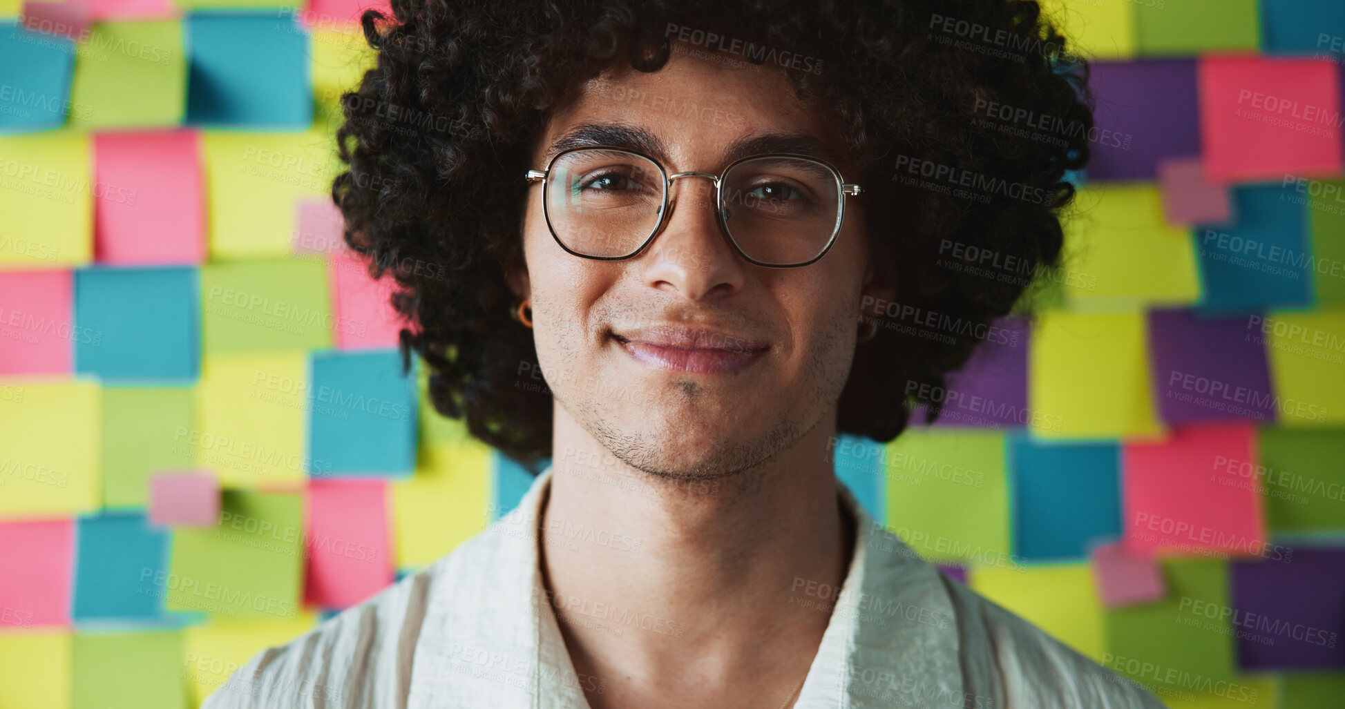 Buy stock photo Glasses, creative and portrait of business man for project management, development and planning. Sticky note, task and moodboard with person and wall background for schedule, agenda and calendar