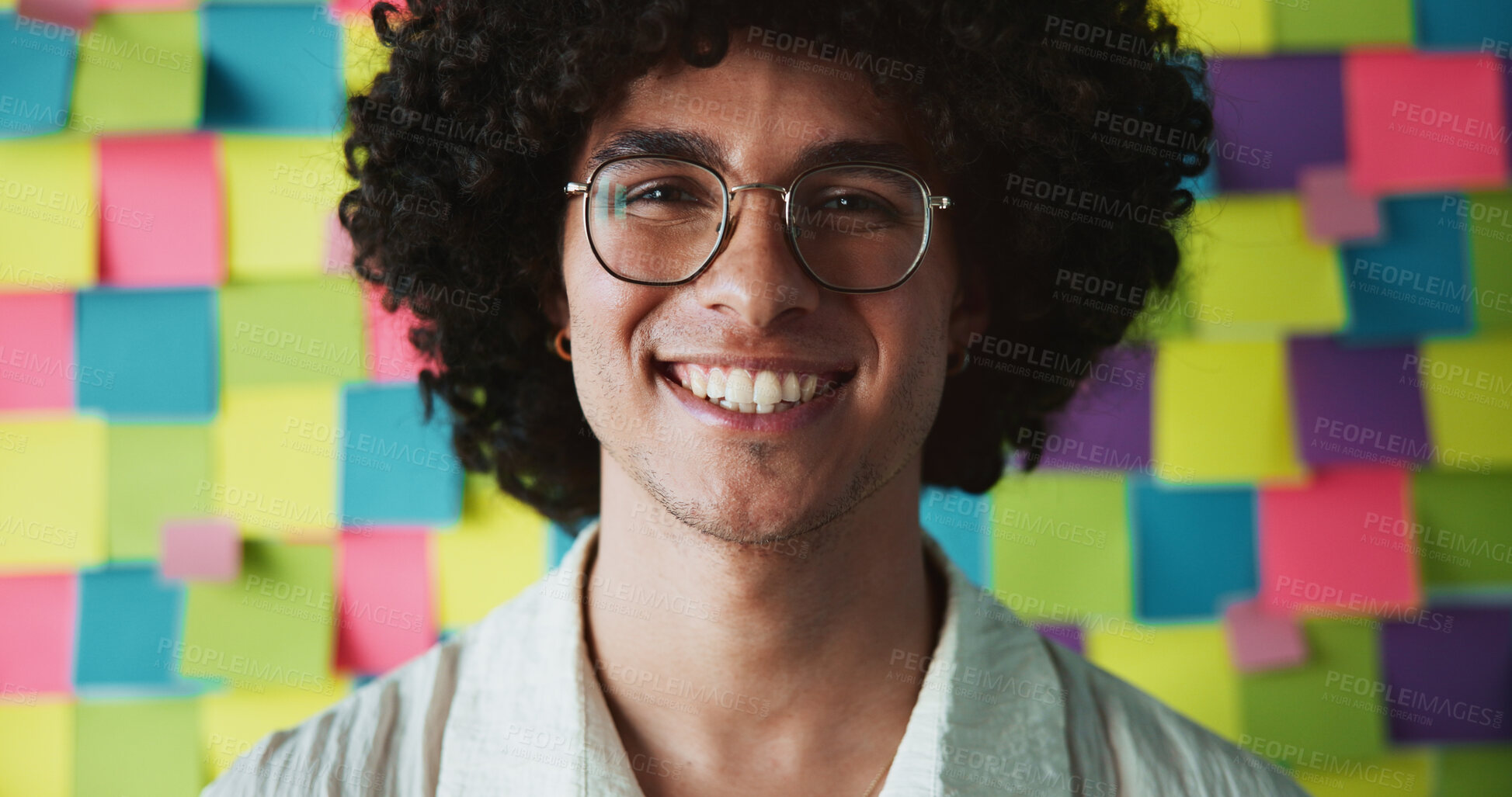 Buy stock photo Smile, creative and portrait of business man for project management, development and planning. Sticky note, task and moodboard with person and wall background for schedule, agenda and calendar