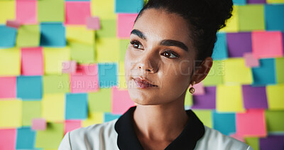 Buy stock photo Woman, thinking and business in office for planning, startup opportunity or career development. Creative person, future and ideas at sticky note background for project management with problem solving