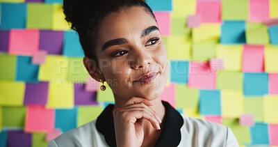 Buy stock photo Woman, thinking or business in office with planning, startup opportunity or career development. Creative person, mindmap or ideas at sticky note background for project management with problem solving