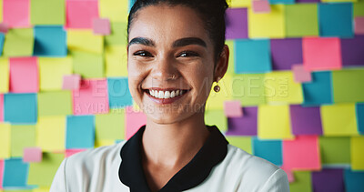 Buy stock photo Smile, scrum and portrait of business woman for project management, development and planning. Sticky note, task and moodboard with person and wall background for schedule, agenda and calendar