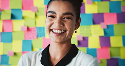Buy stock photo Happy, scrum and portrait of business woman for project management, development and planning. Sticky note, task and moodboard with person and wall background for schedule, agenda and calendar