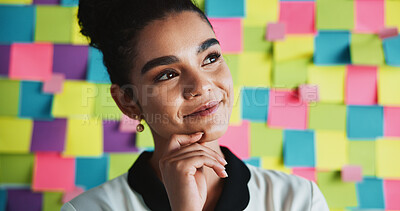 Buy stock photo Woman, happy and thinking in office for mindmap, startup opportunity or career development. Creative person, planning and ideas at sticky note background for project management with problem solving