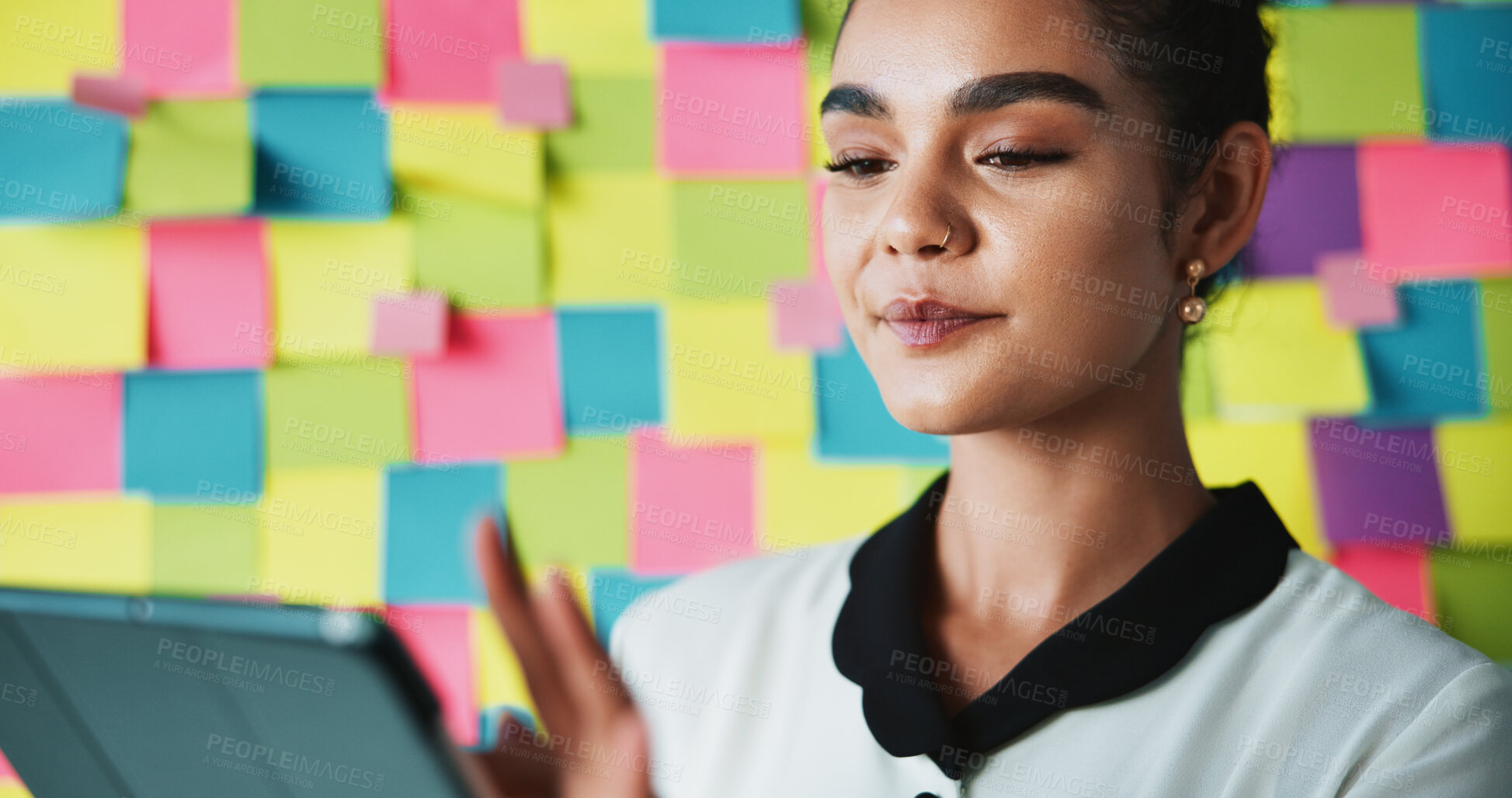 Buy stock photo Idea, tablet and business woman in office with sticky notes for creative project, online agenda and research. Professional, background and person on digital tech for internet, planning and website