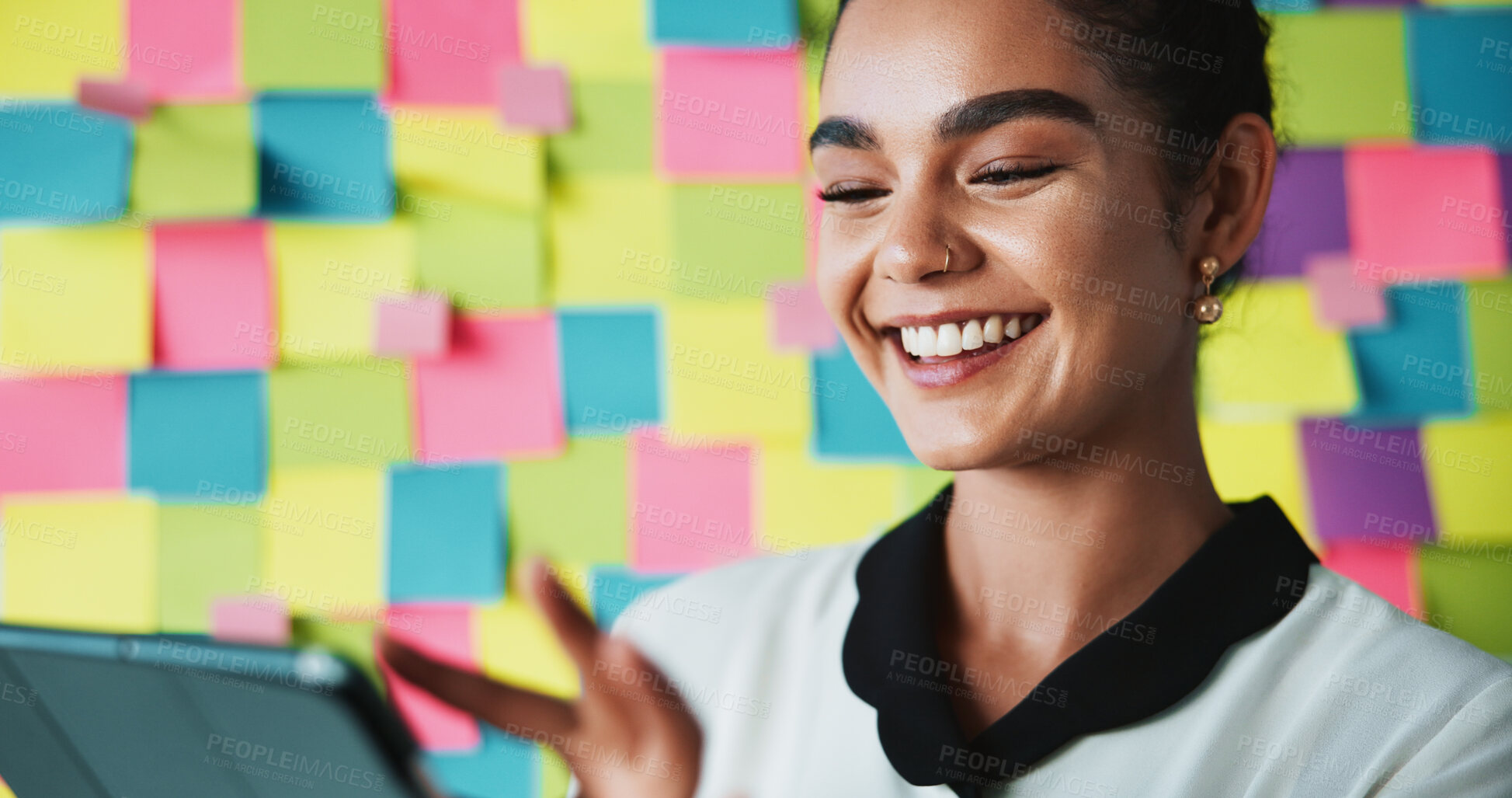 Buy stock photo Creative, tablet and happy business woman with idea for project, online agenda and research. Professional, background and person on digital tech with sticky notes for internet, planning and website