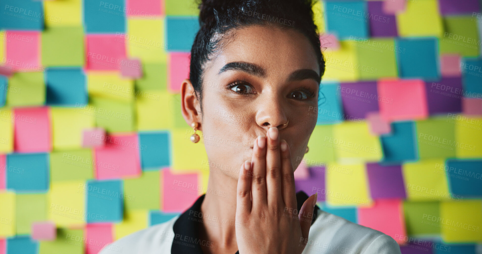 Buy stock photo Face, blow kiss and businesswoman in studio for creativity, success or creative career in startup. Sticky note, smile or portrait of happy designer at work for flirting fun, love or romantic gesture
