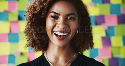 Buy stock photo Laughing, creative and portrait of business woman for project management, development and funny. Sticky note, comic and joke with person and wall background for schedule, agenda and calendar