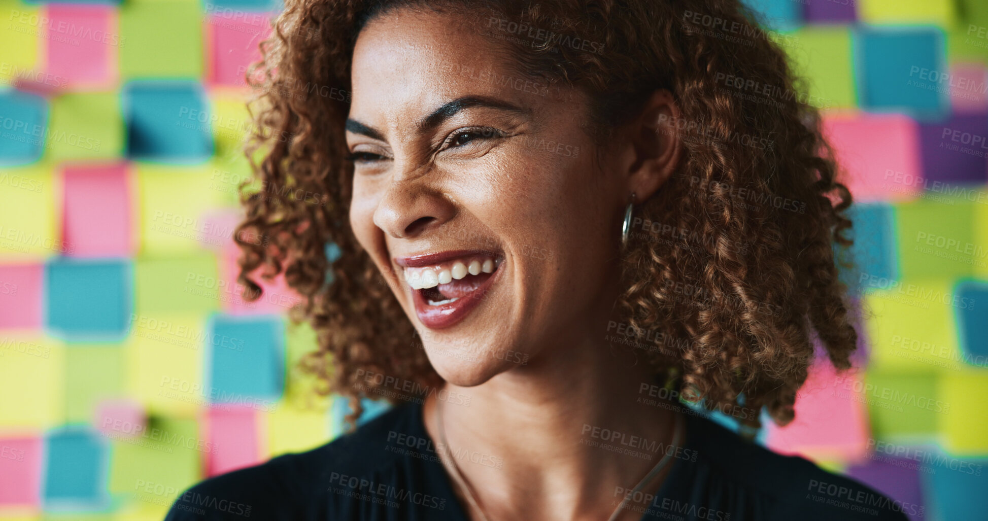 Buy stock photo Woman, laugh and business in office for planning, startup opportunity and career development. Creative person, happy and excited at sticky note background for project management with presenting ideas