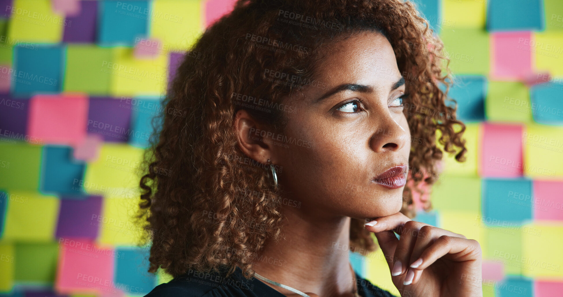 Buy stock photo Research, thinking and business woman with idea for creative project, company insights or brainstorming. Professional, wall background and person for development, sticky notes and planning at startup