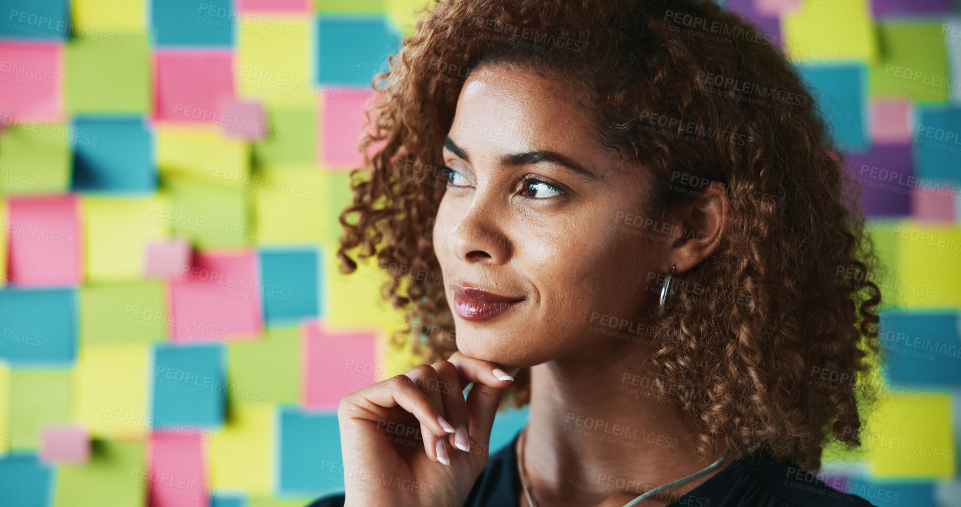 Buy stock photo Paper, thinking and business woman for creative project, company insights and brainstorming. Professional worker, wall background and person for development, sticky notes and planning in office