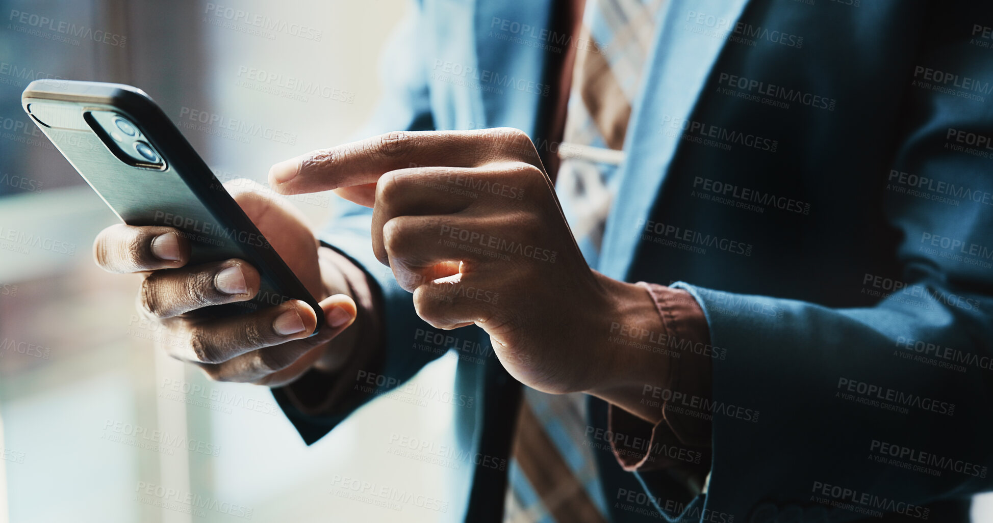 Buy stock photo Businessman, cellphone and hands with typing as connection, network and communication in office. Male person, mobile technology and contact for online, email and internet as investment banker in firm