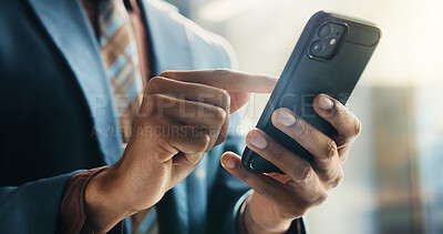 Buy stock photo Businessman, smartphone and hands in office for typing as network, connection and communication. Male person, mobile technology and contact for online, email and internet as investment banker in firm