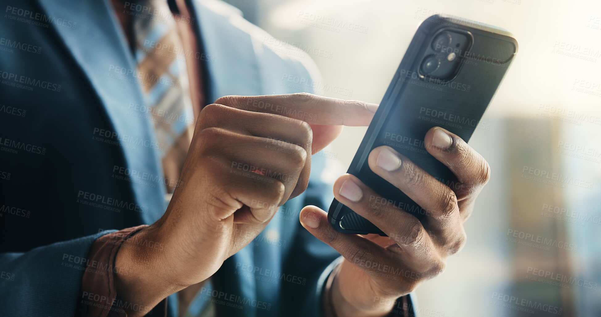 Buy stock photo Businessman, smartphone and hands in office for typing as network, connection and communication. Male person, mobile technology and contact for online, email and internet as investment banker in firm