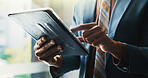 Window, tablet and hands of business man for research, online website and internet for stock trading. Office, corporate and person on digital tech for financial planning, fintech and budget review