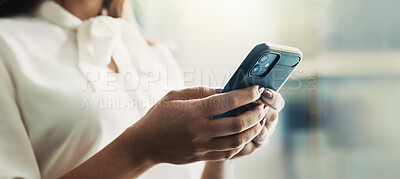 Buy stock photo Business, woman and hands typing with smartphone in office for cryptocurrency research and reading stock market news. Professional, trader and phone for checking trading account and online investment