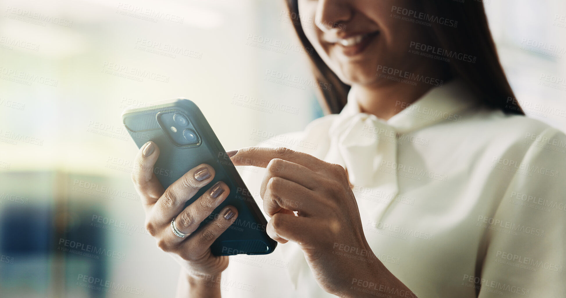 Buy stock photo Business, person and hands scroll with smartphone in office for cryptocurrency research or reading stock market news. Employee, happy woman or phone for checking trading schedule or online investment