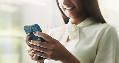 Buy stock photo Business, woman and hands scroll with phone in office for cryptocurrency research or reading stock market news. Professional, trader or smartphone for checking online trading account or communication