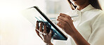 Tablet, banner and hands of business woman in office for planning, schedule and networking. Email, update and website with closeup of employee in agency for connection, internet and mockup space