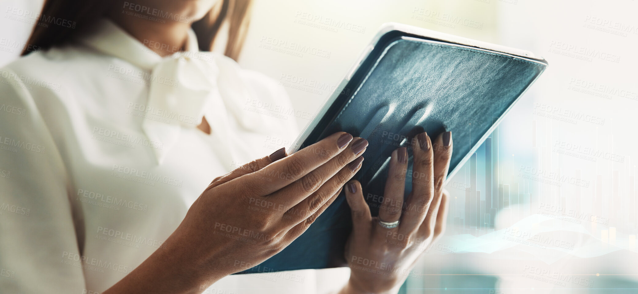 Buy stock photo Tablet, research and hands of business woman in office for planning, schedule and networking. Email, update and website with closeup of employee in agency for connection, internet and checklist