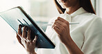 Tablet, schedule and hands of business woman in office for planning, writing and networking. Email, update and website with closeup of employee in agency for connection, internet and checklist