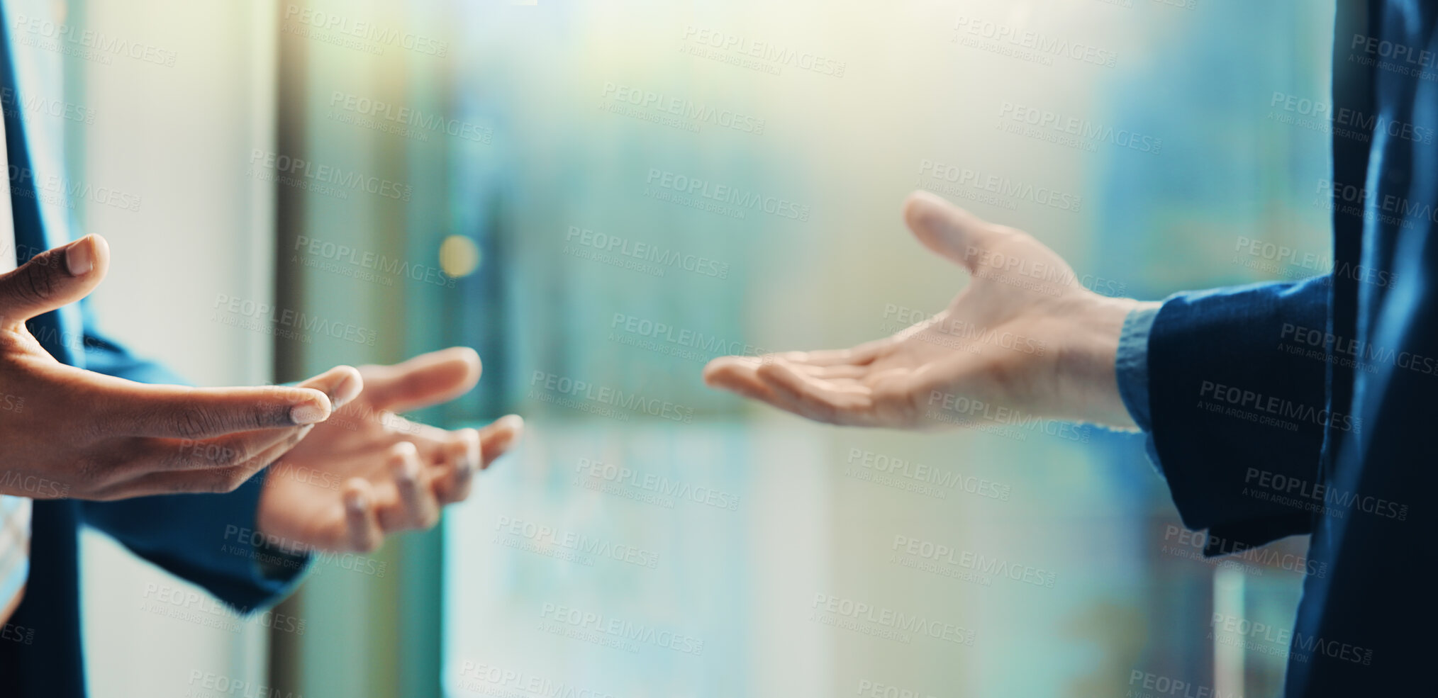 Buy stock photo Meeting, planning and discussion with hands of business people in office for teamwork, advice and partnership. Consulting, communication and feedback with closeup of employees for development