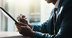 Pen, tablet and hands of business man for research, online website and internet for stock trading. Office, stylus and corporate person on digital tech for financial planning, fintech or budget review