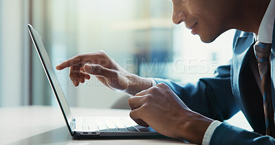 Buy stock photo Businessman, hands and laptop in office with pointing, problem solving and ecommerce. Trader, man and computer in agency on cryptocurrency platform, decision and stock share selection for investment