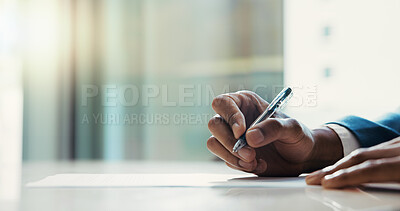 Buy stock photo Business paperwork, hands or signature in office for hiring agreement, contract application or policy information. Professional person, space or legal document for compliance or terms and conditions