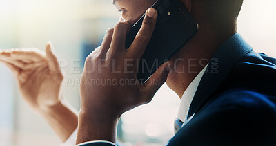 Buy stock photo Business, man and phone call discussion in office for investment deal, financial negotiation or update. Employee, hands and trader talking to contact for stock market share price or finance feedback