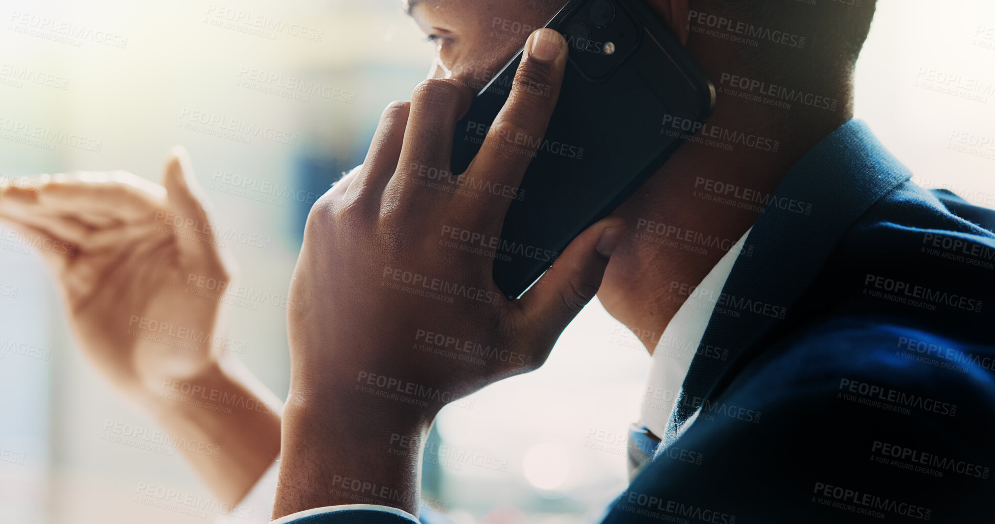 Buy stock photo Business, man and phone call discussion in office for investment deal, financial negotiation or update. Employee, hands and trader talking to contact for stock market share price or finance feedback