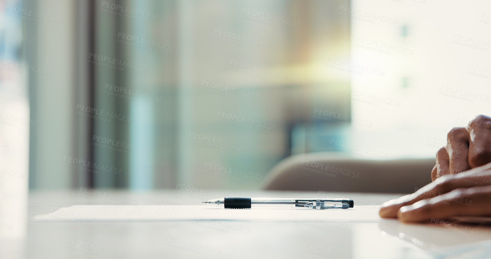 Buy stock photo Business document, hands and contract with pen for signature agreement, registration or policy information. Professional, person and legal paperwork for application compliance or terms and conditions